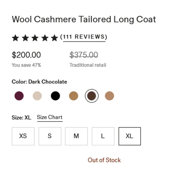 Quince Wool Cashmere Tailored Long Coat S Dark Chocolate NWOT - Picture 7 of 8